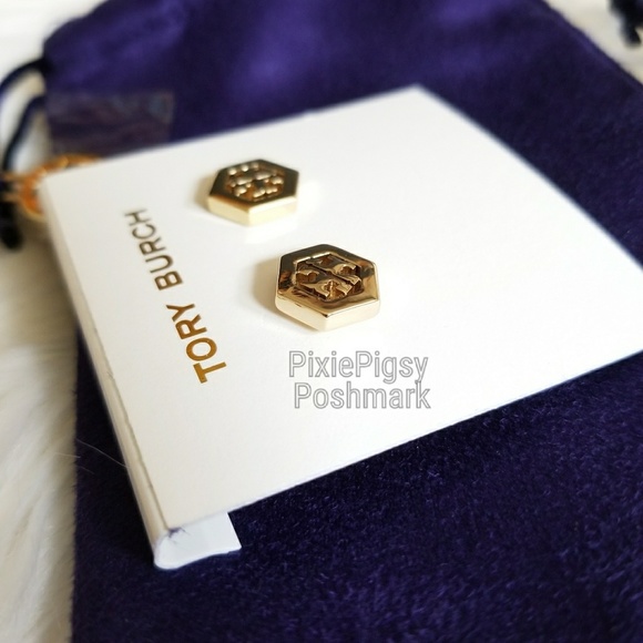 Tory Burch Hex Logo Gold Stud Earrings +Dust Bag - Picture 6 of 6
